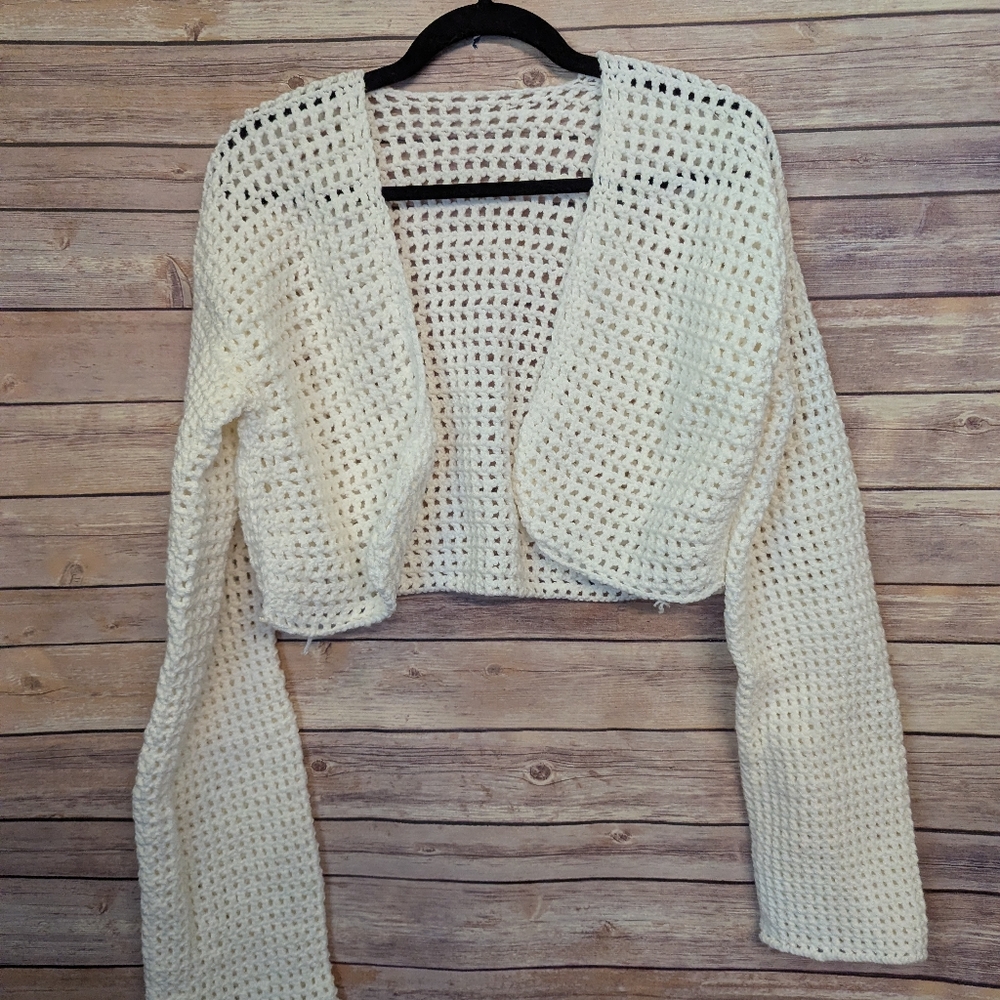Handmade Cream Crochet Open Front Cropped Cardigan Boho Knit Sweater Shrug Long